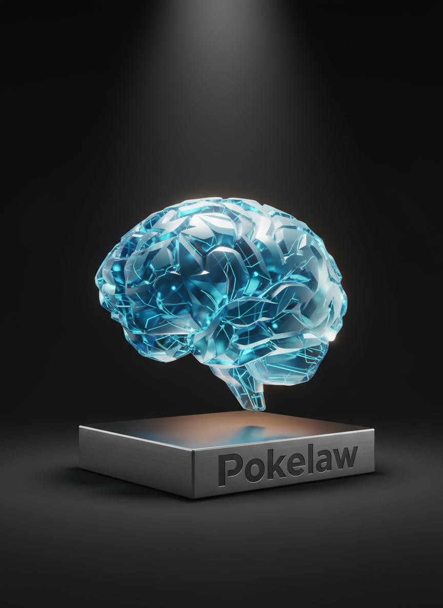 An abstract, three-dimensional AI brain made of translucent glass-like polygons hovers above a precision-milled aluminum platform engraved with the word “Pokelaw.” Each polygon glows softly in gradients of blue, cyan, and white, with fine circuit-like pathways running between them to suggest specialized AI agents collaborating. The platform rests on a seamless matte black surface in a dark studio environment. A focused spotlight from above and subtle rim lighting from behind create crisp highlights and refined shadows, emphasizing the sculptural form. Shot from a low, cinematic angle with a shallow depth of field, the background falls into smooth blur. The photographic style is ultra-clean and modern, evoking a sense of powerful, transparent intelligence and professional reliability.