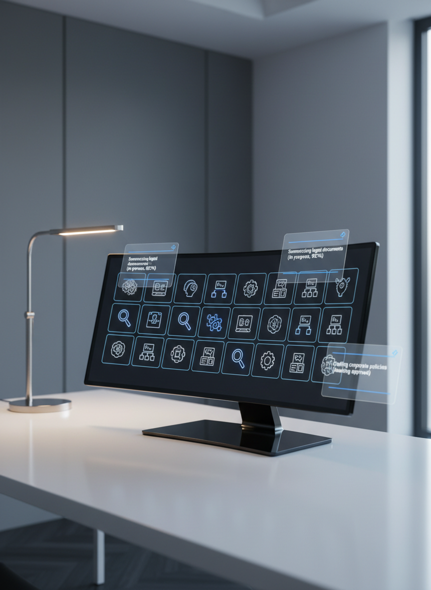 A polished dark glass command console sits on a minimalist white desk, its ultra-wide screen showing a neatly organized grid of AI tools and agents, each represented by precise, monochrome line icons accentuated with subtle royal blue highlights. Floating notification cards indicate tasks like “summarizing legal documents” and “drafting policies.” The setting is a quiet, high-tech workspace with matte gray walls and a single, slim metallic lamp. Soft, cool overhead lighting and gentle side illumination from an unseen window create controlled reflections on the glass and metal surfaces. Photographic realism emphasizes clean lines and refined textures. Captured at eye level with a centered composition and moderate depth of field, the mood is calm, professional, and highly organized, conveying confidence in a comprehensive AI platform for serious work.